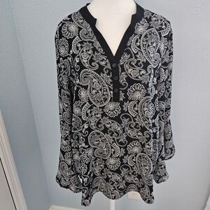 Spense Black White Paisley Blouse-Tunic Flutter Bell-Style Sleeves Size L